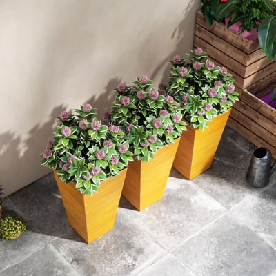 3 Large 28" Tall Outdoor Planters, Tapered Polypropylene Pots With Drainage. For Garden, Indoor, Patio Use, Tan Brown Finish Planters Of 3, Taper Faux Wood Plastic Pots. Drainage Holes & Plug. Patio,