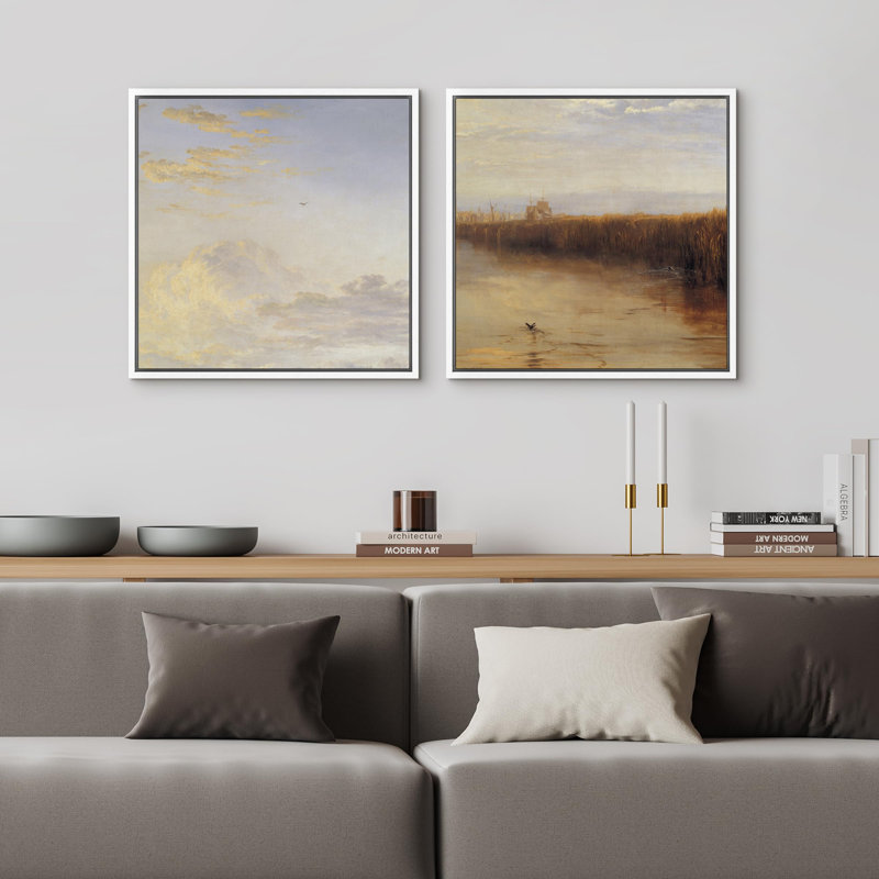 Ensemble de 2 pièces de nuages, ciel et rivière, Cadre flottant blanc, H 16" x l 16"