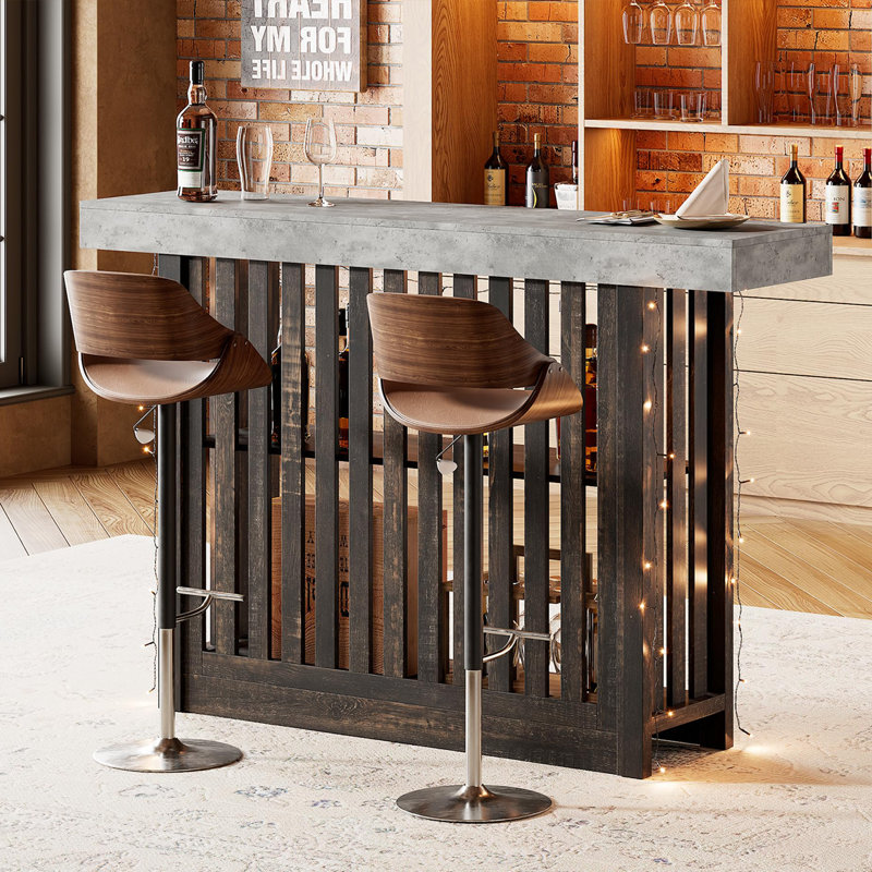 Industrial 63-Inch Bar Height Table with 2-Tier Storage Shelves – Modern Counter Table for Dining Areas, Bistros, or Living Room – Sturdy Frame, Large Storage – Color: Cement Gray Top + Black Oak