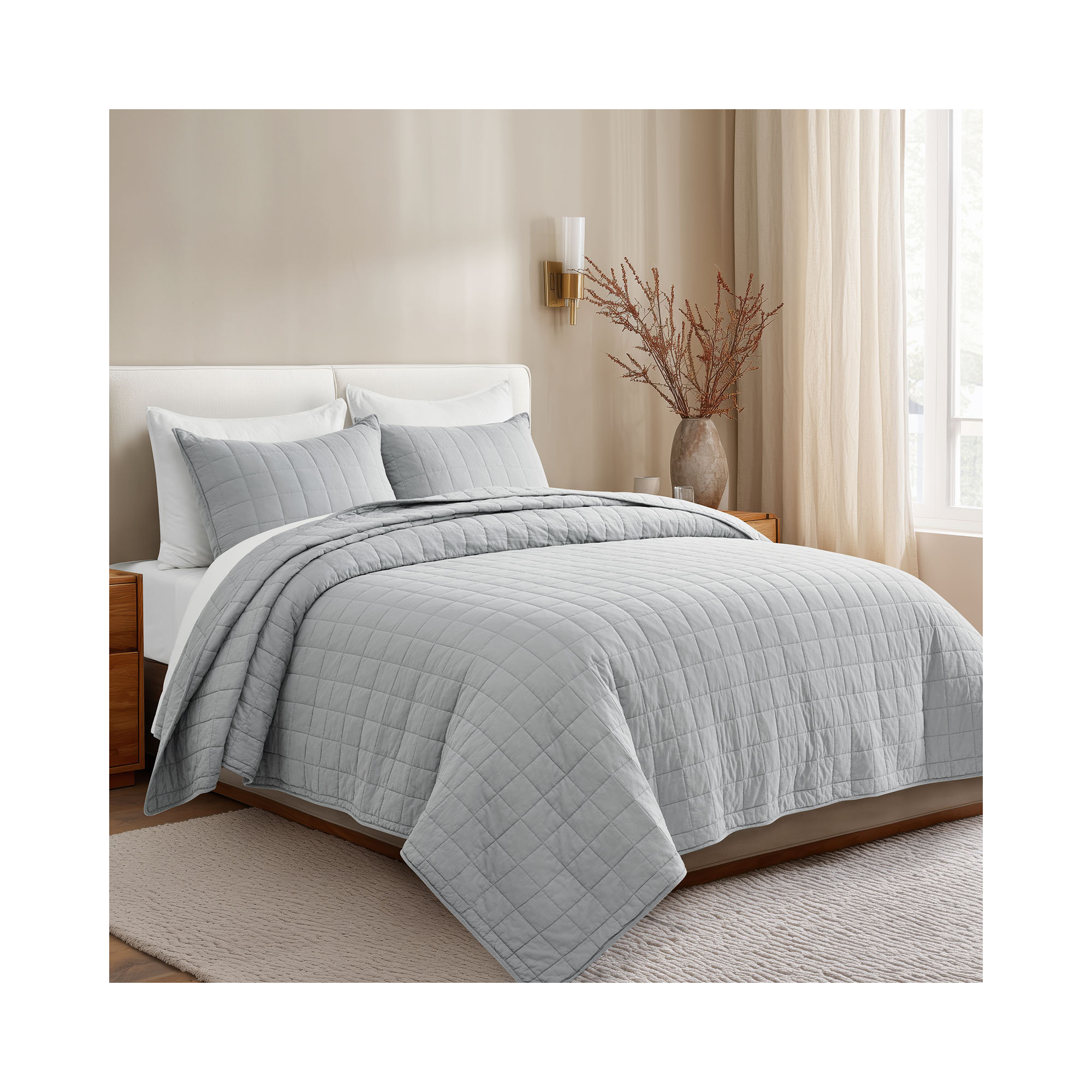 100% Cotton Box Stitch Quilt Set, Fog Gray, King Quilt + 2 King Shams
