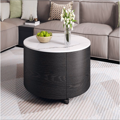Table basse ronde moderne mobile avec roulettes, 2 tiroirs, plateau en marbre fritté à motif marbré