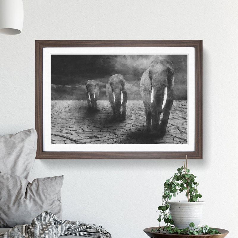 Three Elephants - Picture Frame Graphic Art, Walnut, 27cm H x 36cm W x 2cm D