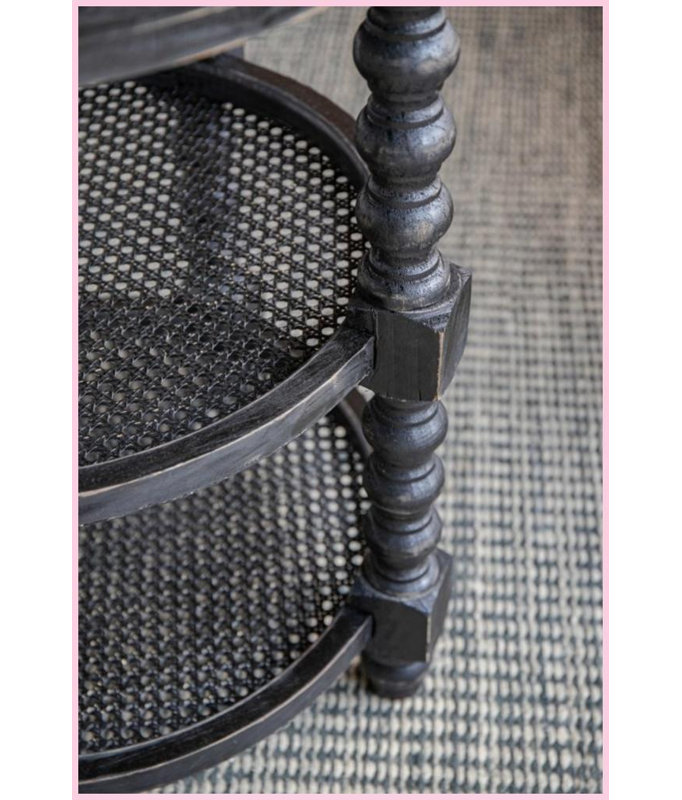 Table basse traditionnelle en bois de rotin noir pour le salon - Conception ronde à 2 tablettes, style flexible, Noir