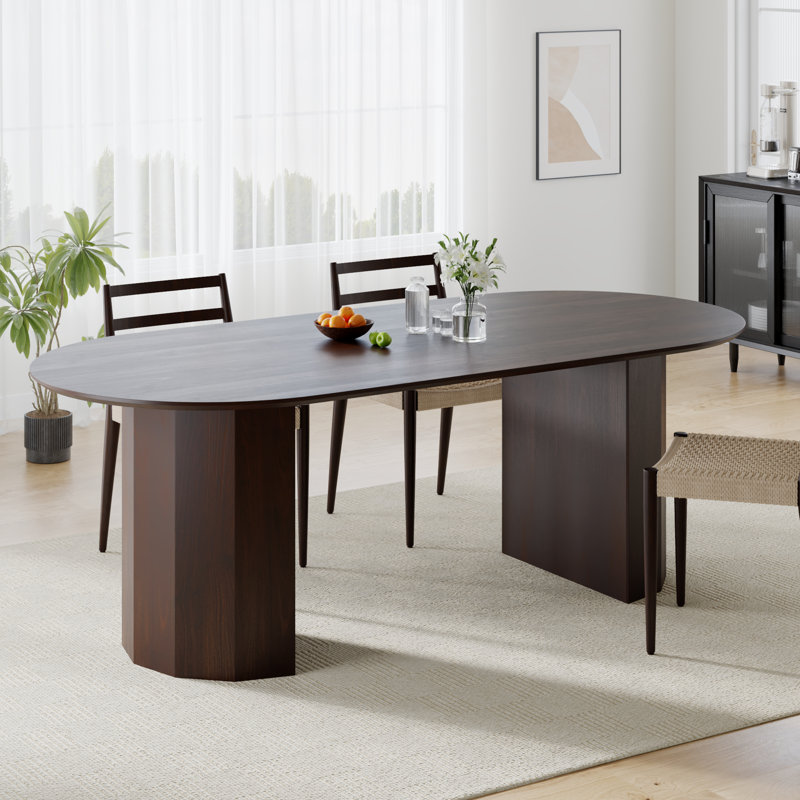 79" Oval Dining Table Duble Pedestal Dining Table Seats 6 Solid Wood Kitchen Table, Brown, Brown
