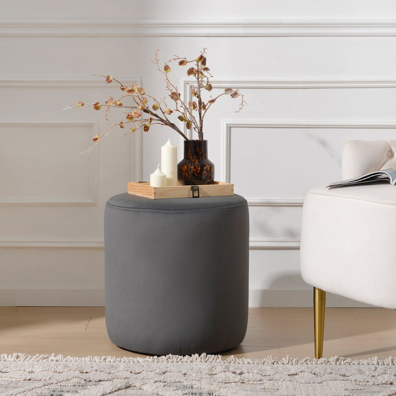 Brynnen 18'' Wide Modern Round Upholstered Ottoman, Dark Gray Velvet