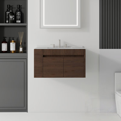 Meuble-lavabo flottant avec lavabo, porte à fermeture douce, comptoir et dosseret en marbre de culture blanc granit, contreplaqué