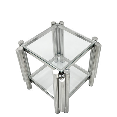 Square Coffee Table 20 Inch, Modern Stainless Steel & Tempered Glass, Double-Layer Storage For Living Room, Silver Inch Room Table, With Clear Glass Double-Layer, Side Storage, Industrial Design