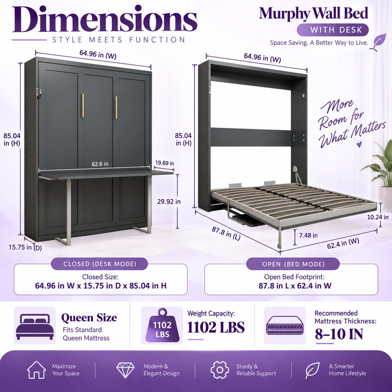 Lit escamotable vertical Deskoria Queen avec bureau intégré, gris, gain de place, 26 lattes en bois massif, pieds automatiques, assistance hydraulique à deux niveaux, sangle de matelas