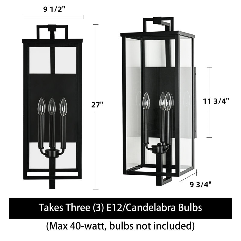Amyann 27 in. 3-Light Matte Black Outdoor Wall Lantern Sconce with Clear Glass, 27" H x 9.5" W x 9.75" D, 3 Lights
