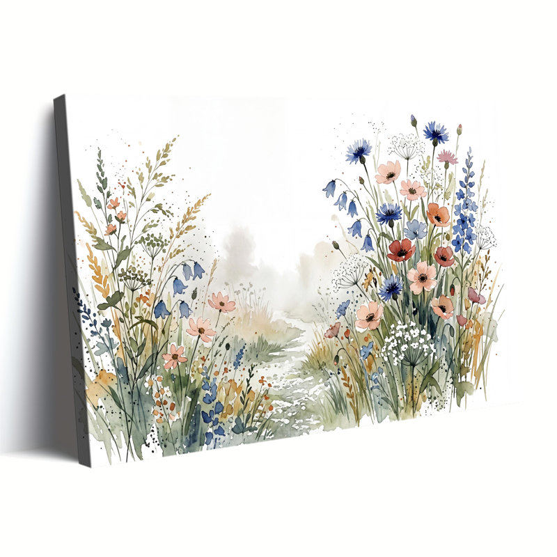 «Watercolor Wildflower Meadow Stream Landscape», reproduction d'impression sur toile tendue, 12x18in