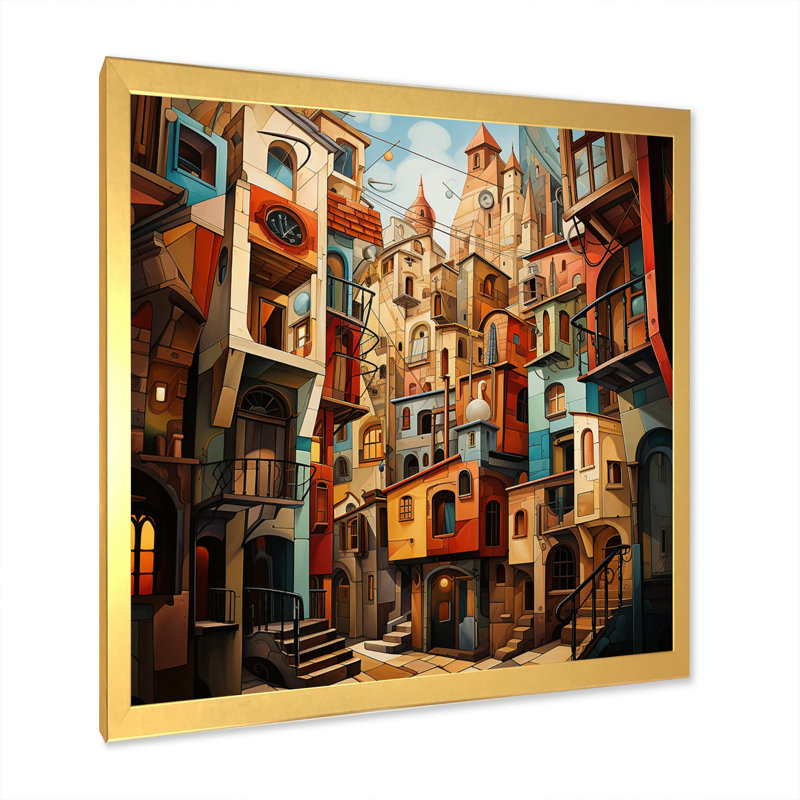 Cubisme multidimensionnel II - imprimé, H 16 po x l 16 po x P 1 po, Encadrement doré