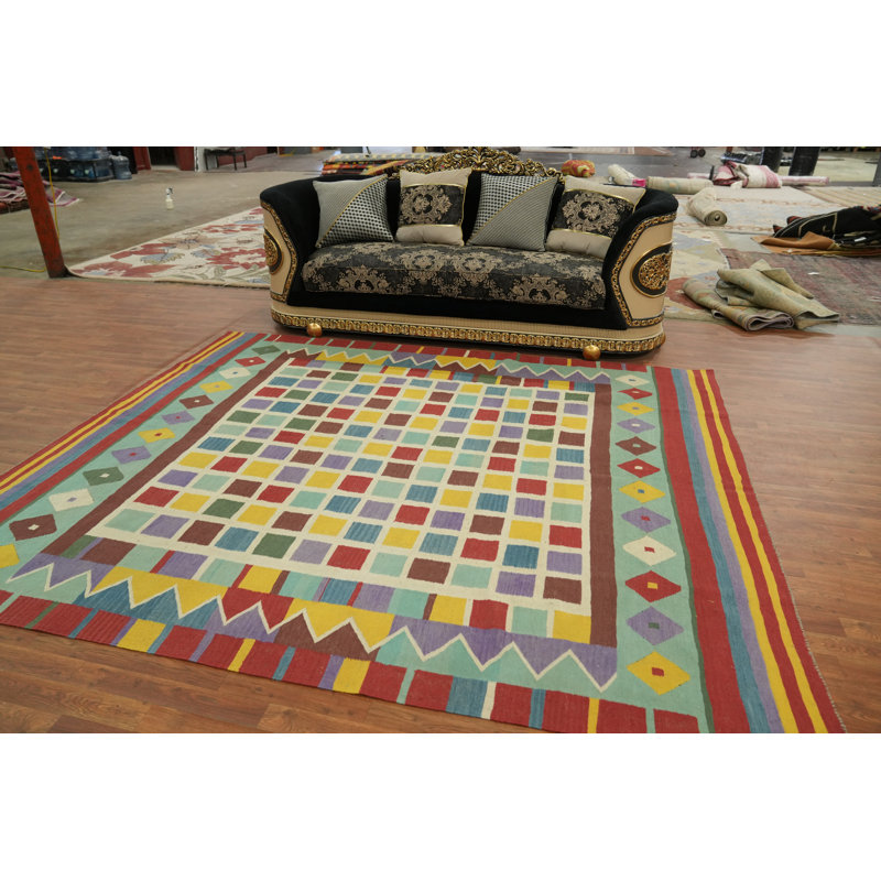 Tapis à carreaux en laine à motif oriental kilim 8 x 10