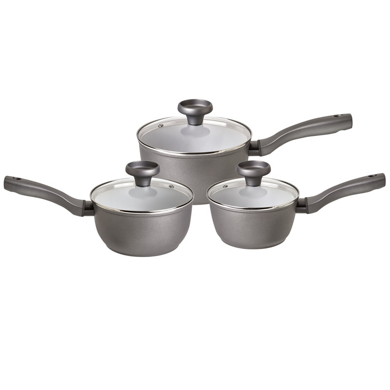 Earthpan Recycled induction Dishwasher Safe 3 Piece Saucepan Set with Toughened Glass Lids -16cm, 18cm and 20cm