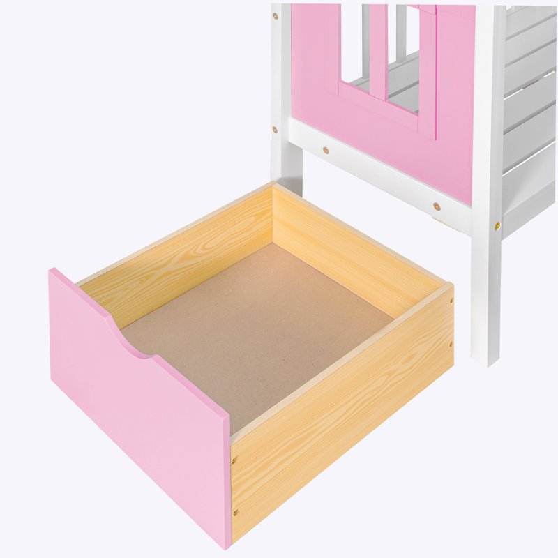 Lit superposé simple au dessus d'un lit simple avec table à langer, lit superposé se transformant en lit supérieur et bureau en duvet avec 2 tiroirs