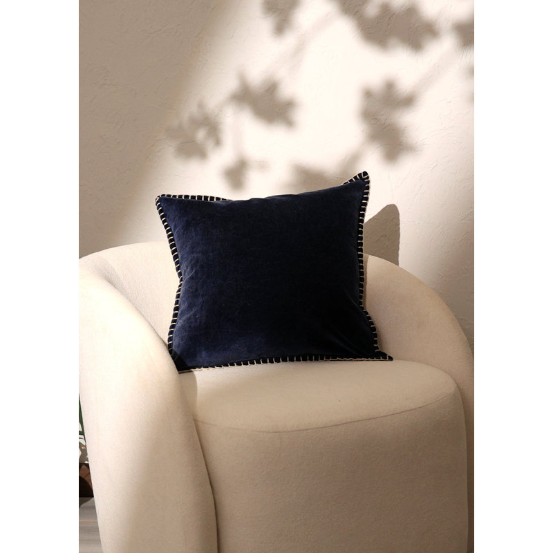 Throw Pillow | Stonewashed Cotton Velvet Throw Pillow with Decorative Handstitched Edges-18X18", Indigo