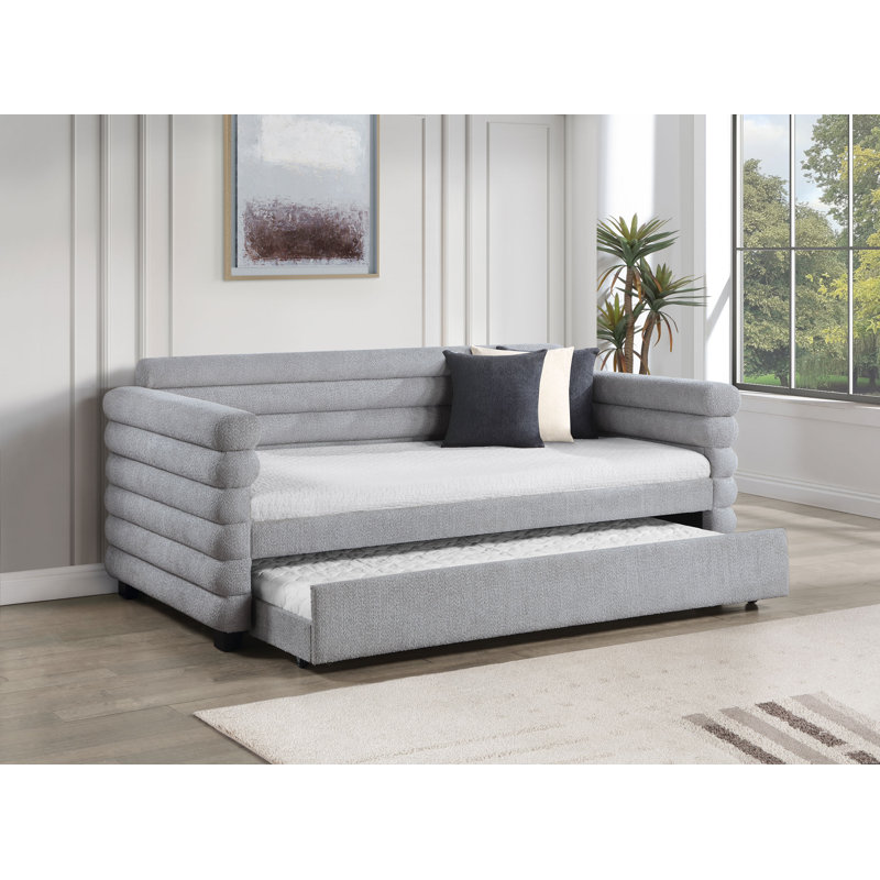Boucle Upholstered Twin Day Bed with Trundle Gray, Gray