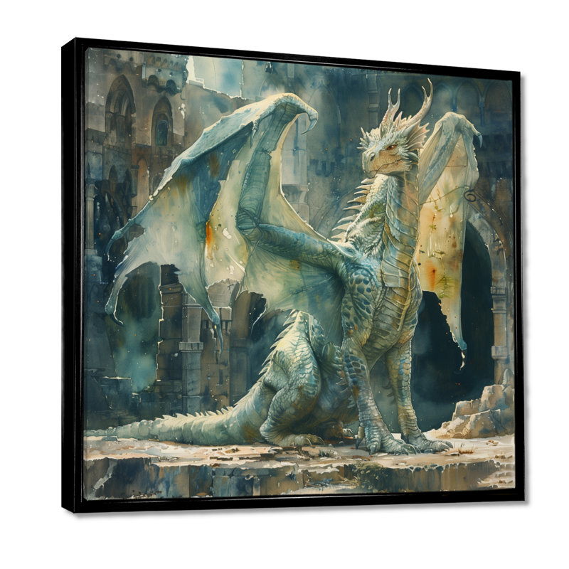 «Green Antique Ruins Dragon I - Dragons», art mural, Toile avec cadre flottant noir, H 16 po x l 16 po x P 1 po
