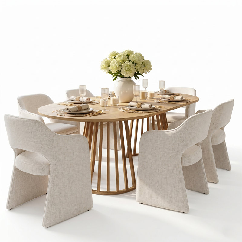 6- Person Dining Table Sets With Extendabe Oval Table & 6 Upholstered Fabric Dining Chairs, Beige