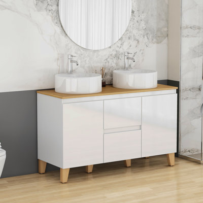47-Inch Modern Bathroom Vanity With 2 Basins Combo, 2 Doors And 2 Big Drawer, Soft-Clost System,Handle-Free Design,Natural Solid Wood Top And Feet,2 Round Ceramic Basins On The Countertop,Glossy White