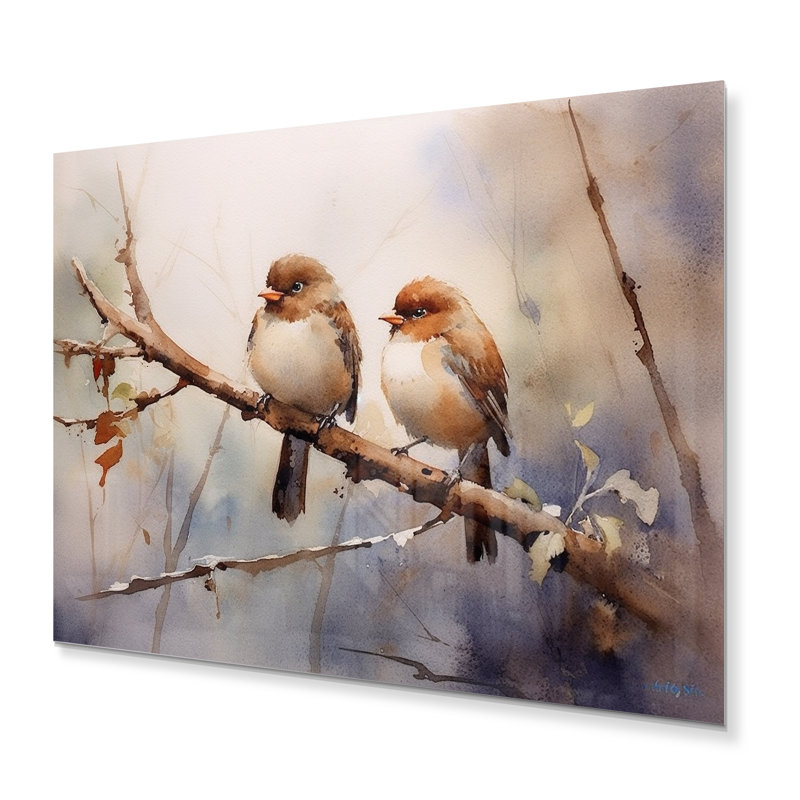 Oiseaux moineau beige et brun I - animaux oiseaux, impressions sur métal, H 12 po x l 20 po