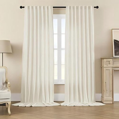 Ivory Linen-Polyester Blend Curtains, Two-Piece Set, 108-Inch Long Rod, Pocket Style, Semi-Blackout, Suitable For Country-Style Living Rooms.