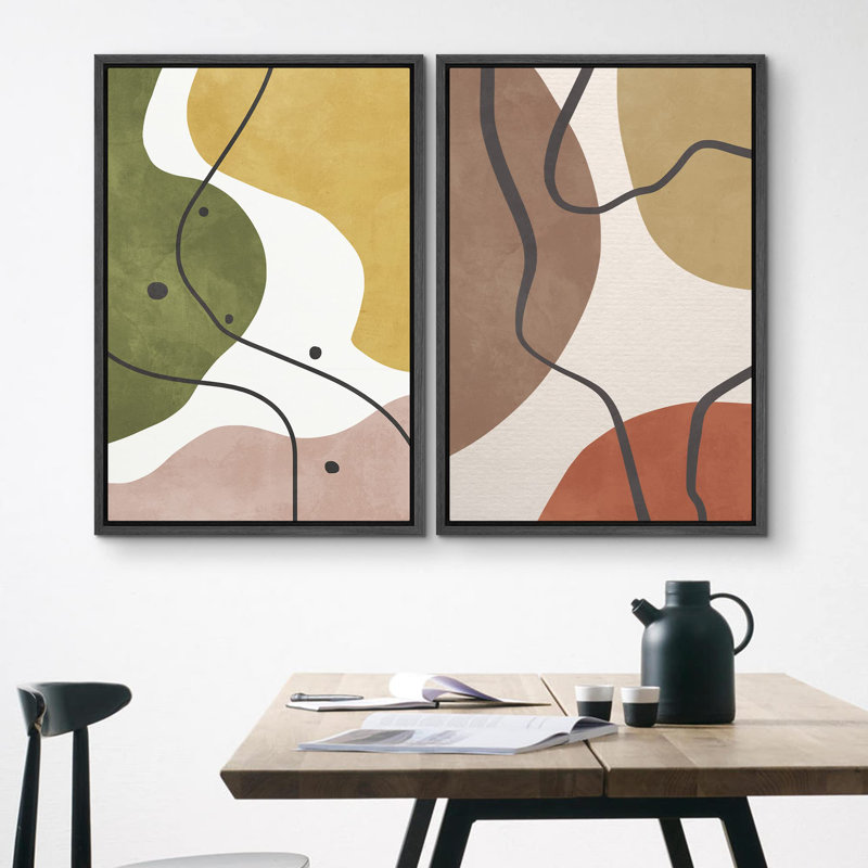 Mid-Century rétro, taches de couleur, art géométrique abstrait, art mural Relax Calm 2 pièces, Noir, H 36 po x l 24 po