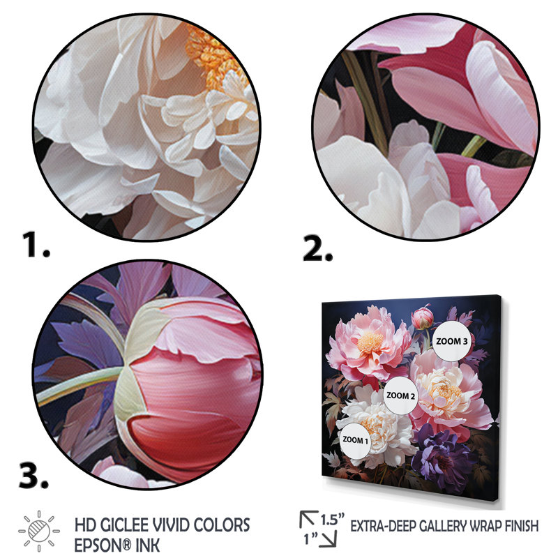 Art asiatique pivoines en rose II - impression, Cadre naturel flottant, H 16 po x l 16 po x P 1 po