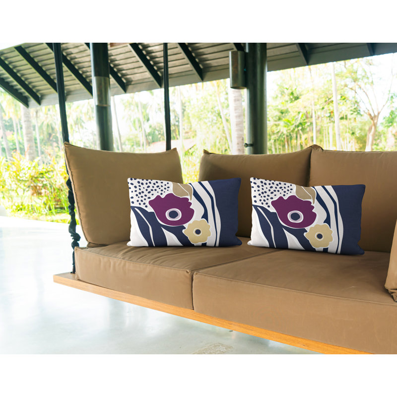 Floral Outdoor Reversible Throw Pillow, Purple/Navy Blue/Beige