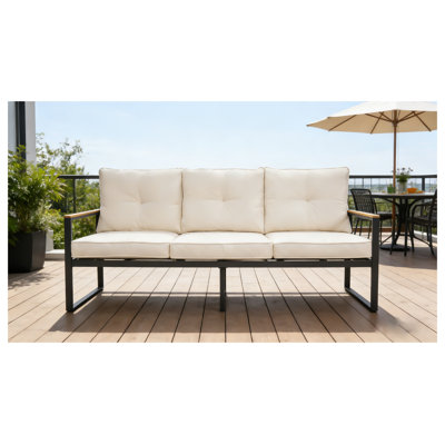Steel Outdoor Patio Sofa, 3-Seat Metal Couch with Thick Cushions for Garden, Beige/Dark Grey