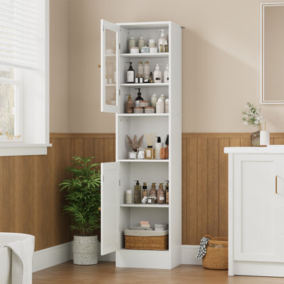 Slim Bathroom Storage Cabinet with Glass Doors – 67" Tall Freestanding Linen Organizer – Space-Saving, Versatile for Bathroom, Kitchen & Living Room