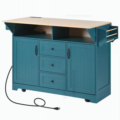 Large Kitchen Island with 2 Drop Leaf,,Rolling Kitchen Cart on 5 Wheels with Power Outlet