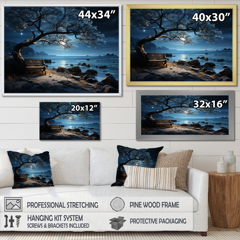«Beach Silent Night I», reproduction sur toile, Cadre flottant blanc, H 30 po x l 40 po x P 1,5 po