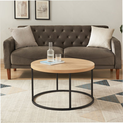 Table basse ronde de 31,5 po pour le salon, table de centre ronde en bois industriel moderne avec pieds en métal robustes, plateau épais résistant aux égratignures, finition chêne naturel