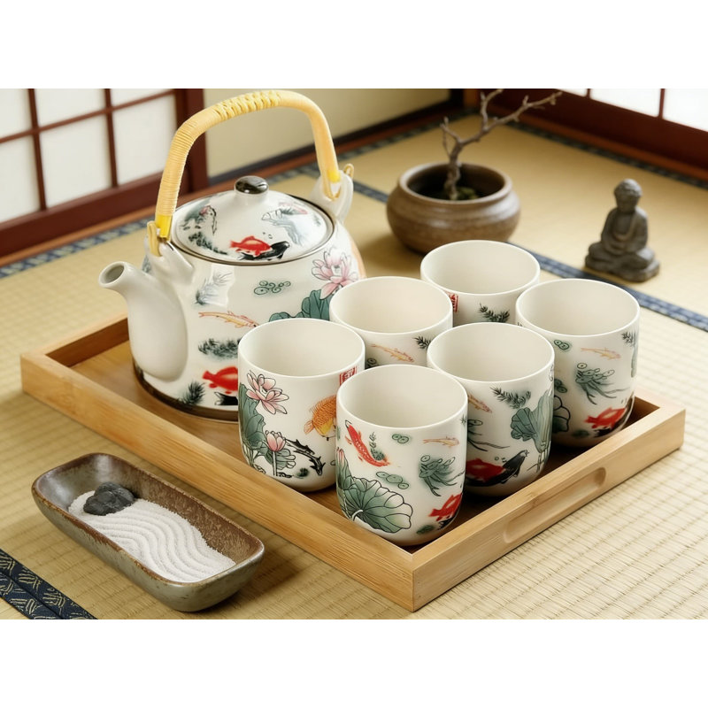 Service à thé en céramique avec infuseur en acier inoxydable - Théière grande capacité 27 oz et 6 tasses pour thé en vrac ou en sachets, motif floral de lotus
