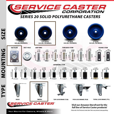 3.5 Inch Poly Wheel Swivel Top Plate Caster Set with 2 Posi Brakes SCC|SCC-20S3514-SPUS-2-PLB-2