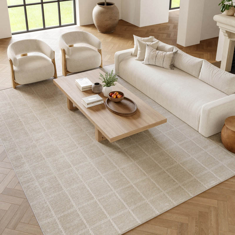 Tapis géométrique en polyester / ivoire tissé à la machine Avishek, Rectangle 9 pi x 12 pi