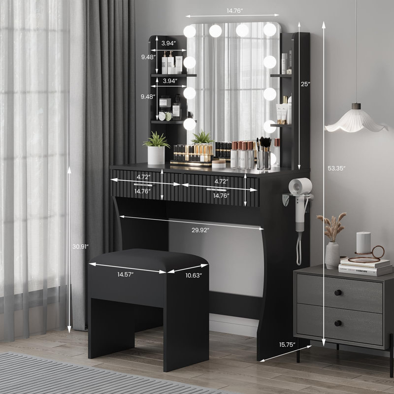 Makeup Vanity Desk with Mirror and 12 LED Lights, Vanity Table with Power Outlet, 2 Drawers, 6 Shelves, Hair Dryer Holder & Stool