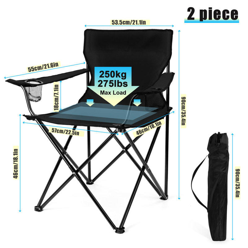 Ensemble de 2 chaises de camping pliables, chaises de camping pliables pour adultes, grande chaise de jardin portative, supporte 275 lb et sacs de rangement inclus (noir)