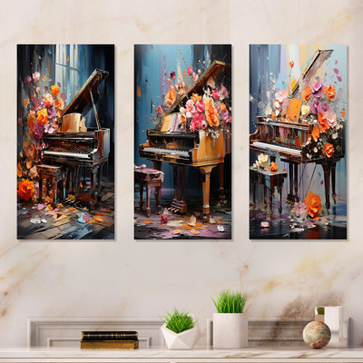 Floral Piano Magic Melody I - Music Piano, ensemble de 3 reproductions d'art mural