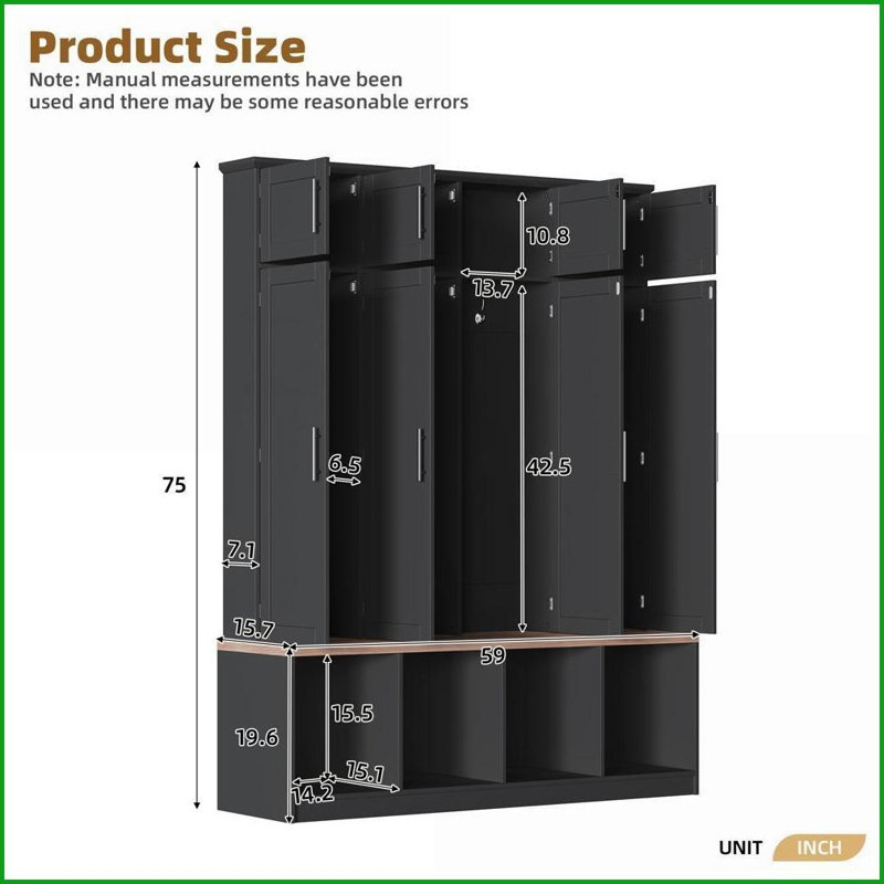 Farmhouse Hall Tree with Walnut Bench, 4 Hooks &amp; 8 Storage Cabinets | Black | MDF, Black