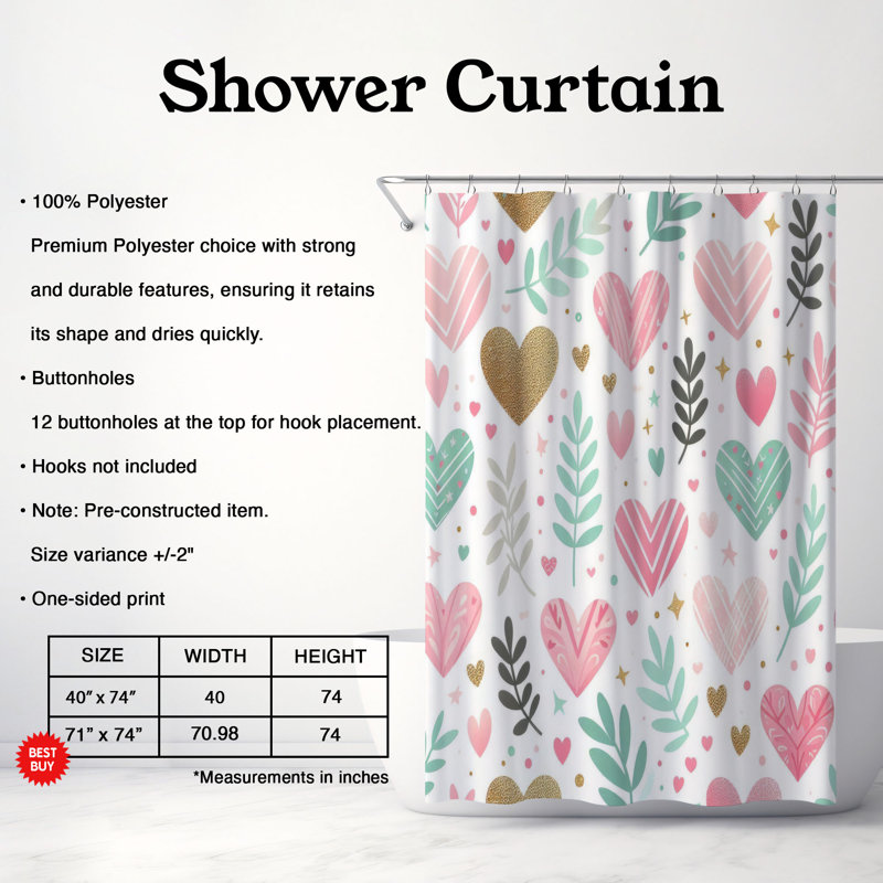 Rideau de douche standard 1 pièce Soft Heart Pop, H 74 po x l 71 po