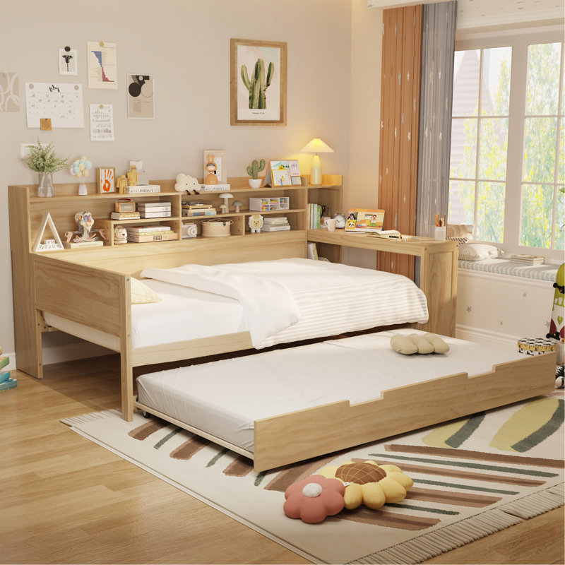 Lit de jour avec tablettes de rangement Kasten Lit multifonctionnel avec lit gigogne et bureau, Naturel, Double