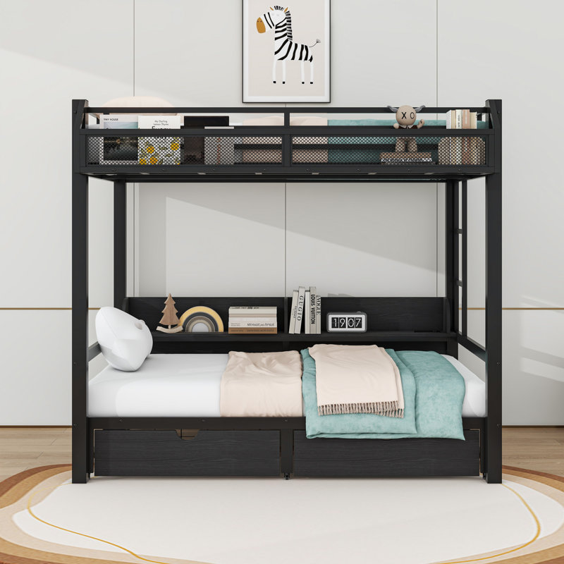 Metal Bunk Bed With Built-In Shelves And LED And USB Ports And 2 Drawers, Full over Full, Black