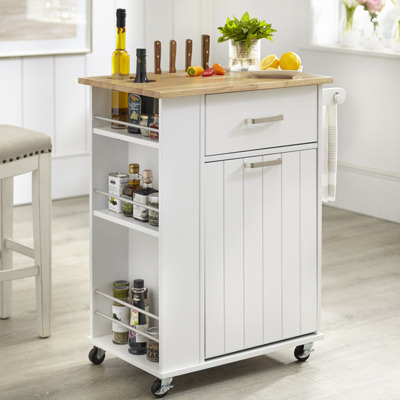 Chariot de cuisine avec plateau en bois massif Audy, Blanc