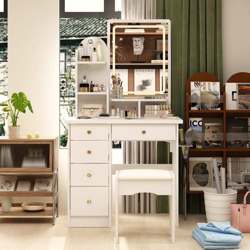 Makeup Vanity Set With Lighted Mirror And Power Outlet