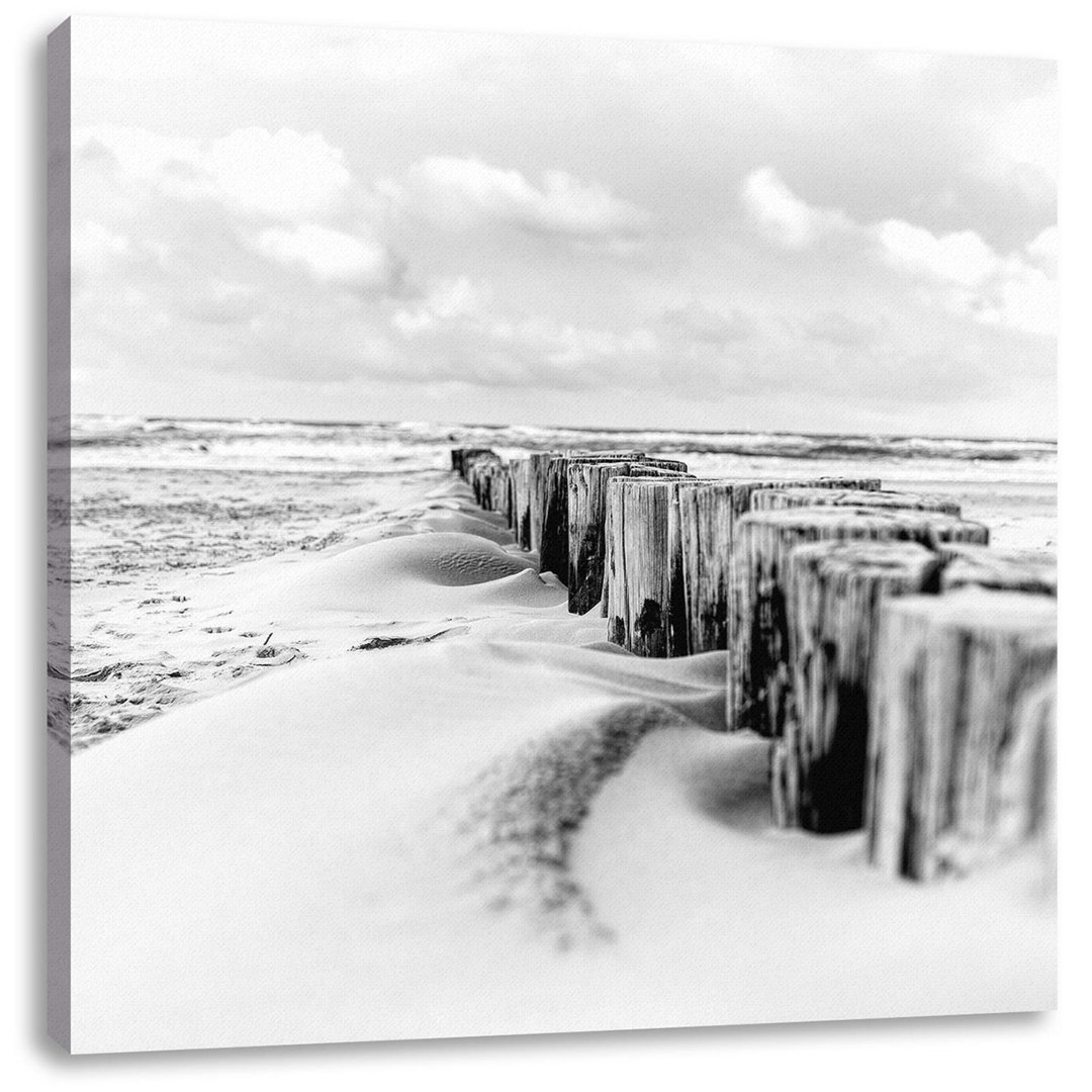 Close Up Steg der hölzernen Pflöcke durch das Meer, monochrome Leinwand drucken Quadrat