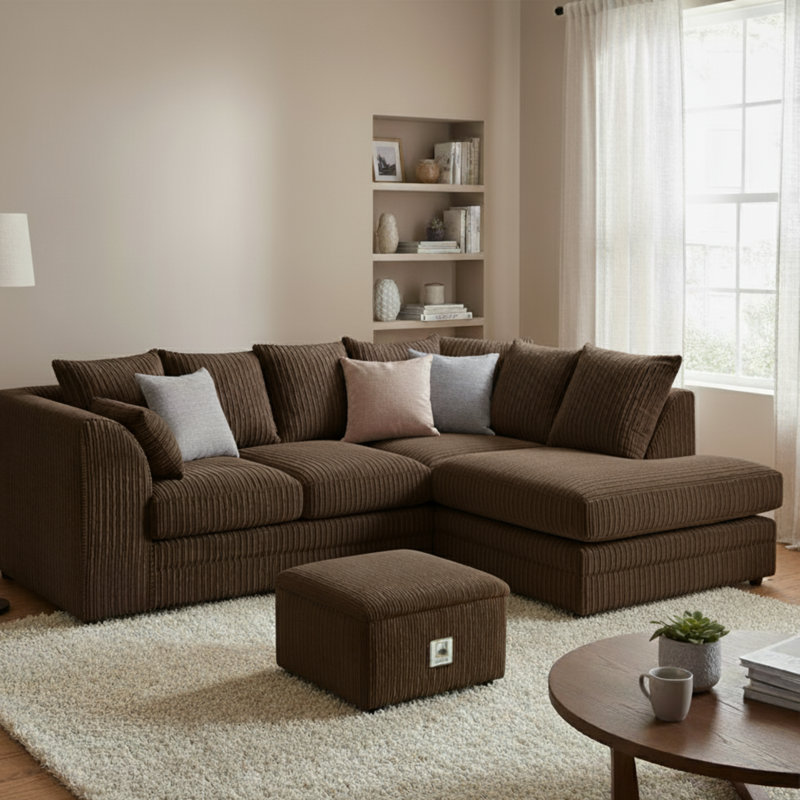 Jumbo Cord Upholstered Corner Sofa Small Back Cushion with Foot Stool , Brown, Right Hand Facing