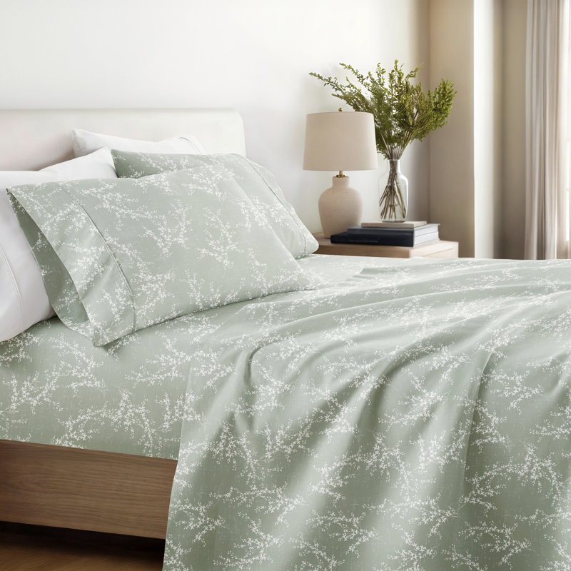 Literie en microfibre ultra douce, Motif floral vert saule brumeux patiné, Ensemble de draps très grand californien avec 2 t