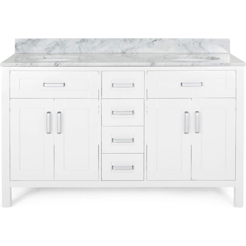 Meuble-lavabo à double cuve 61 po avec plateau en marbre Matika, Blanc