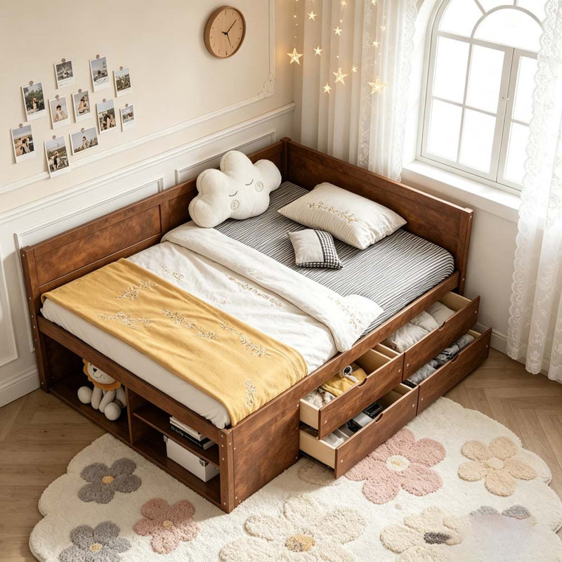 Lit de jour double avec tiroirs et tablettes, Marron